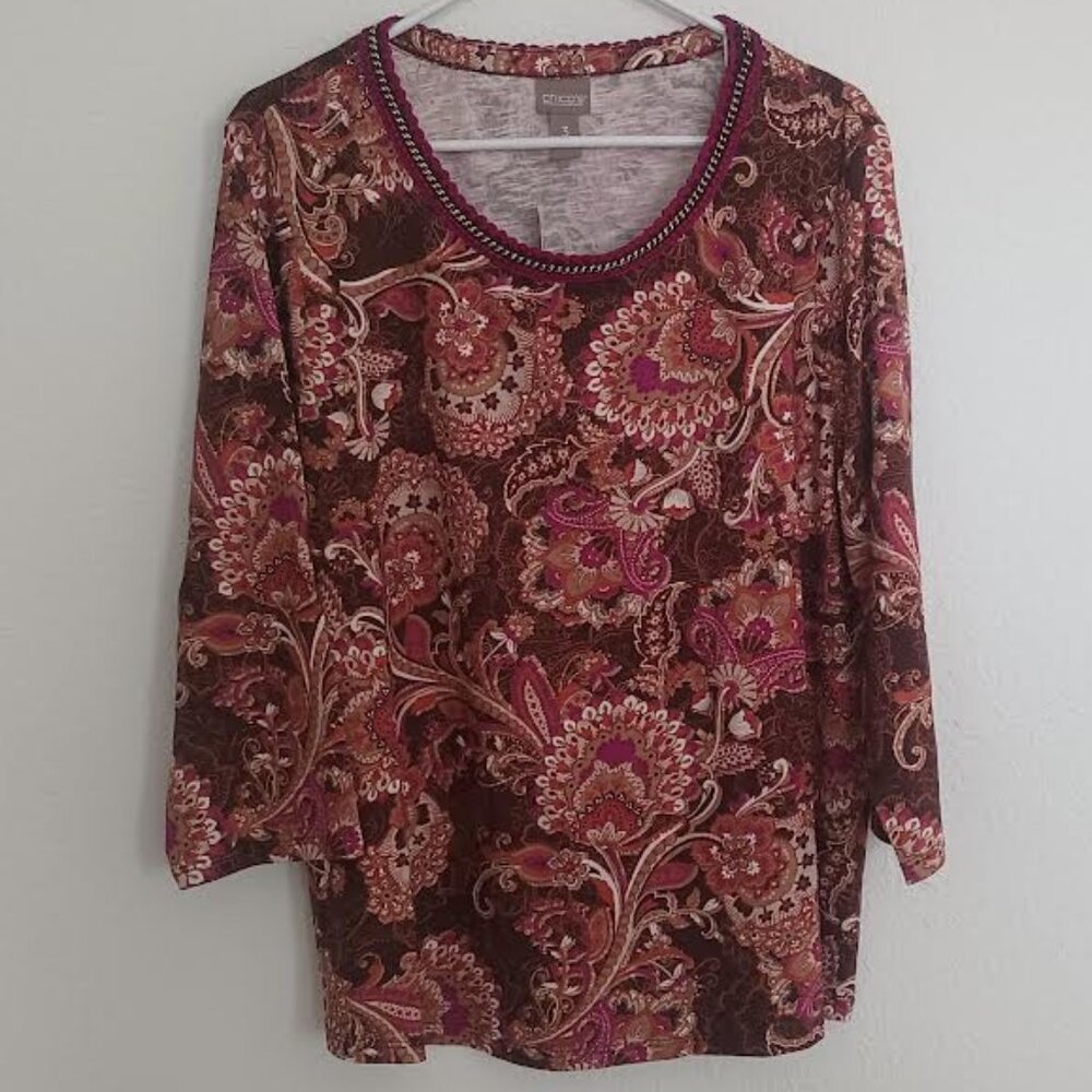 CHICO'S WOMEN'S TOP TEE BROWN FLORAL 3/4 SLEEVE LACE CHAIN DETAIL NECK SIZE 3-XL